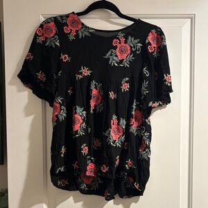 Roolee Black Top with Pink Floral Embroidery